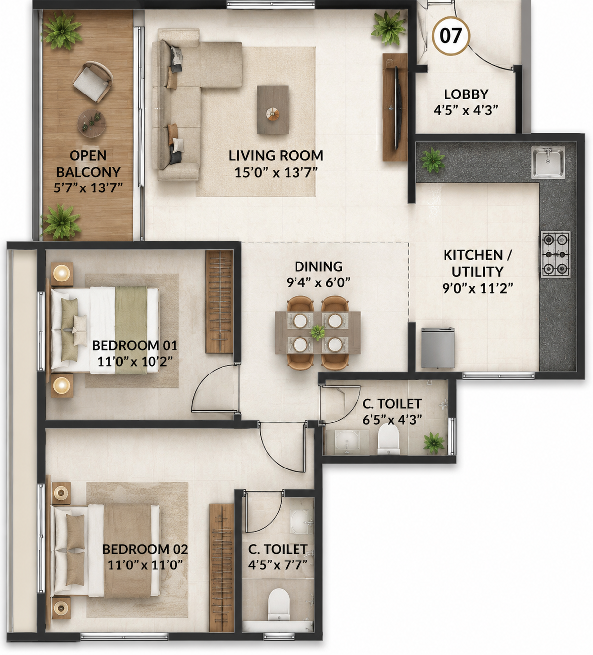 2 BHK floor plan at Tanish Meridian Charholi