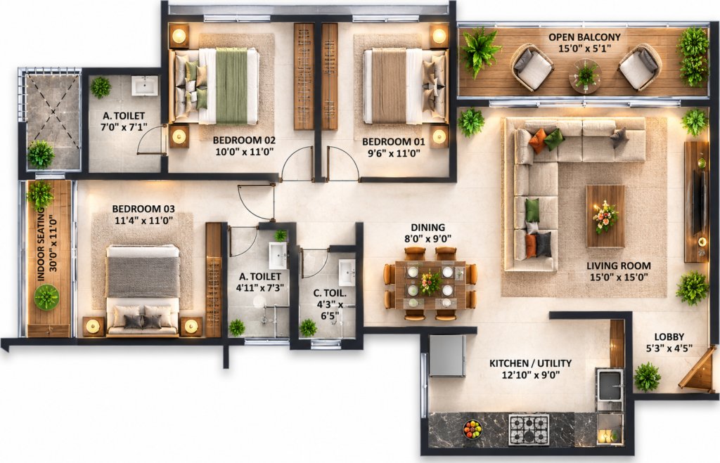 3 BHK luxury apartment floor plan in Charholi