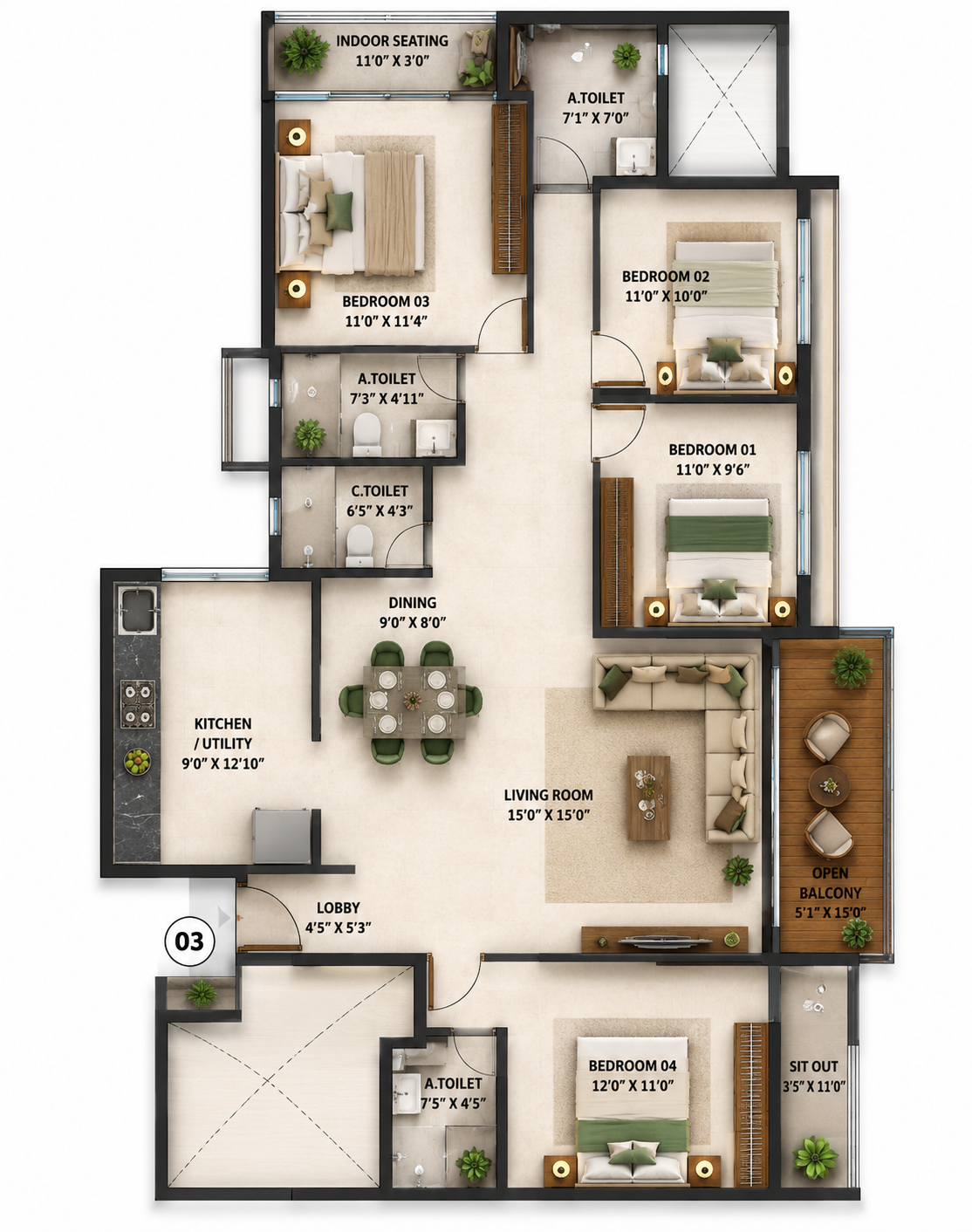 4 BHK premium residence floor plan at Tanish Meridian