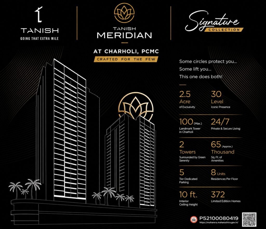Tanish Meridian Charholi, 2 BHK in Charholi, 3 BHK in Charholi, 4 BHK in Charholi, Luxury Homes in PCMC, Premium Flats in Pune, Smart Homes Charholi, Signature Collection Homes, New Launch Projects in Charholi, Luxury Apartments Pune, Tanish Group Projects, Charholi Property Investment.